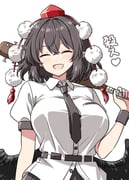 1girl baseball_bat bird_wings black_wings blush breasts brown_hair closed_eyes collared_shirt commentary_request facing_viewer false_smile hat heart highres holding holding_baseball_bat large_breasts medium_hair nail_(hardware) nail_bat open_mouth pointy_ears pom_pom_(clothes) puffy_short_sleeves puffy_sleeves red_hat rise_(rise19851203) shameimaru_aya shirt short_sleeves simple_background smile solo tokin_hat touhou translated white_background white_shirt wings rating:g score:21 post #10159568