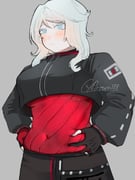 1girl archery_shooting_glove belly_grab black_gloves black_pants blue_eyes blush boun578 breasts covered_navel faust_(project_moon) gloves large_breasts limbus_company long_sleeves pants partially_fingerless_gloves project_moon red_shirt shi_association_east_uniform shirt signature simple_background solo standing white_hair rating:g score:8 post #10119456