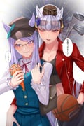 2girls :t alternate_costume amekudaki animal_ears arm_around_waist bag ball baseball_mitt basketball_(object) behind_another blush breasts buttons cleavage closed_mouth collared_jacket commentary ear_covers ears_through_headwear eyewear_on_head food food_on_face frilled_shirt_collar frilled_sleeves frills furrowed_brow glasses gold_ship_(umamusume) golf_club grey-tinted_eyewear hand_on_another's_hip hands_up hat height_difference highres holding holding_food horse_ears horse_girl jacket large_breasts light_smile long_sleeves looking_at_another mejiro_mcqueen_(umamusume) meme midriff mujun-gatamari_(meme) multiple_girls neck_ribbon nervous open_clothes open_jacket parted_bangs pillbox_hat purple_eyes purple_hair raised_eyebrow red_eyes ribbon rimless_eyewear round_eyewear shirt shoulder_bag skirt stomach sunglasses tinted_eyewear translation_request umamusume vest wing_collar yuri rating:s score:27 post #6895661