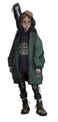 1girl absurdres andrew_y baggy_clothes black-framed_eyewear black_hoodie brown_hair casual cigarette crimean_tatar dark_skin embroidery expressionless fez_hat full_body glasses guitar_case hat highres holding holding_cigarette hood hoodie instrument_case looking_to_the_side messy_hair original oversized_clothes oversized_jacket pants semi-rimless_eyewear shefika_(usergore) simple_background solo torn_clothes torn_pants ukrainian_flag white_background rating:g score:4 post #10075893
