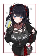 1girl :t absurdres ahoge belt belt_pouch black_belt black_choker black_hair blue_eyes blush breasts cellphone chain choker closed_mouth clothing_cutout collarbone commentary cross-laced_clothes fishnet_pantyhose fishnets haedungi_(shirayuki_hina) hair_intakes hair_ornament hand_on_own_hip hand_up heart heart_choker heart_hair_ornament highres holding holding_phone inset_border jinggun lace-trimmed_skirt lace_trim large_breasts long_hair long_sleeves looking_at_viewer miniskirt pantyhose phone pouch print_shirt shirayuki_hina shirt simple_background single-shoulder_shirt single_bare_shoulder skirt smartphone solo standing stellive symbol-only_commentary text_messaging thighs two_side_up unmoving_pattern very_long_hair virtual_youtuber white_background rating:g score:9 post #10143072