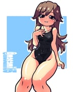 1girl absurdres arashio_(kancolle) black_one-piece_swimsuit blue_background blush breasts brown_eyes brown_hair competition_swimsuit hand_on_own_chest hashtag-only_commentary highres kantai_collection long_hair looking_at_viewer one-piece_swimsuit sitting small_breasts smile solo swimsuit tennouji_masamichi twitter_username white_background rating:s score:8 post #10102739