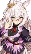 1girl absurdres ahoge animal_ears biwa_hayahide_(pf._winning_equation...)_(umamusume) biwa_hayahide_(umamusume) blush breasts closed_mouth clothing_cutout commentary crown ear_ornament franz2543 glasses grey_hair hair_between_eyes highres hip_vent horse_ears horse_girl horse_tail jacket large_breasts long_hair long_sleeves looking_at_viewer purple_jacket purple_skirt red-framed_eyewear semi-rimless_eyewear simple_background skirt solo tail umamusume under-rim_eyewear white_background white_hair yellow_eyes rating:g score:14 post #10165241
