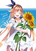 1girl alternate_costume alternate_hairstyle aoi_(kirabosi105) blush clarisse_(granblue_fantasy) closed_eyes dress english_text flower granblue_fantasy hair_down hair_ribbon highres long_hair milestone_celebration orange_hair ribbon smile solo sundress sunflower thank_you rating:s score:11 post #9450540