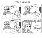 2girls 4koma >_< absurdres bed bilingual_text clumsy_nun_(diva) comic commentary diva_(hyxpk) english_commentary english_text greyscale hat highres little_nuns_(diva) mixed-language_text monochrome multiple_girls shouting sleeping speech_bubble spicy_nun_(diva) square_4koma sweat under_covers worried rating:g score:3 post #10175319
