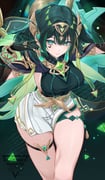 1girl absurdres ancient_egyptian_clothes breasts chest_jewel claw_ring english_text eye_tattoo fake_claws genshin_impact green_eyes green_hair green_shirt hair_intakes headgear highres jewelry large_breasts light_smile looking_at_viewer medium_hair minausa miniskirt mole mole_under_eye nefer_(genshin_impact) shirt skirt solo symbol-shaped_pupils tattoo thick_thighs thigh_strap thighs tight_clothes usekh_collar watermark white_skirt rating:s score:4 post #10175321