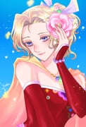 1girl artist_name blonde_hair blue_background blue_eyes breasts cape closed_mouth detached_sleeves dress final_fantasy final_fantasy_vi flower hair_bobbles hair_flower hair_ornament hair_ribbon hand_in_own_hair highres inaba_tomoe light_blush light_smile long_hair medium_breasts parted_bangs pink_flower pink_rose ponytail purple_ribbon red_dress red_sleeves ribbon rose solo terra_branford upper_body yellow_cape rating:g score:1 post #10174740