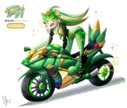 :o black_boots black_eyes blonde_hair bodysuit boots electricity electrike endifi goggles goggles_on_head green_bodysuit green_hair highres motor_vehicle motorcycle open_mouth personification pokemon reference_inset sidelocks sparkle white_background rating:s score:1 post #10177030