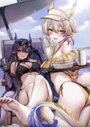 2girls absurdres alternate_costume arknights barefoot beach bikini black_bikini blue_eyes blue_hair blue_horns blue_nails blue_sky blue_tail blush breasts can chair cleavage cloud colored_extremities commentary day dokuro_deluxe dragon_girl dragon_horns dragon_tail earrings eyeshadow eyewear_on_head feet food green_hair grey_hair grin hair_between_eyes highres holding holding_can holding_plate horns jewelry ling_(arknights) long_hair lounge_chair makeup medium_breasts multicolored_hair multicolored_horns multiple_girls nail_polish noodles on_chair open_mouth outdoors parasol plate pointy_ears red_eyeshadow shu_(arknights) siblings side-tie_bikini_bottom sidelocks sisters sitting sky smile sunglasses swimsuit tail tassel tassel_earrings toenail_polish toenails umbrella visor_cap wet white_tail yellow_bikini rating:s score:20 post #10174302