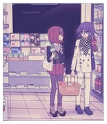 1boy 1girl basket black_jacket border bottle brown_vest buttons checkered_clothes checkered_scarf collared_jacket collared_shirt commentary_request convenience_store danganronpa_(series) danganronpa_v3:_killing_harmony flipped_hair full_body gem_hair_ornament hair_between_eyes hair_ornament highres holding holding_basket indoors jacket long_sleeves looking_at_another magazine_(object) multicolored_buttons oma_kokichi open_mouth pants pantyhose pleated_skirt pointy_boots purple_eyes purple_hair red_eyes red_hair red_skirt refrigerator scarf school_uniform shirt shop shopping shopping_basket short_hair skirt smile soda_bottle standing tile_floor tiles two-tone_scarf vest white_border xiao_(grsnss25) yumeno_himiko rating:g score:2 post #10163040
