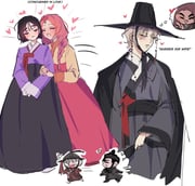 349am 3boys 3girls alien_stage alternate_costume beonggeoji black_coat black_hair black_hanbok black_skirt blonde_hair braid chasing chibi closed_eyes coat commentary dark-skinned_female dark_skin english_commentary english_text gat_(hat) hanbok hat heart hetero holding_another's_arm hyuna_(alien_stage) ivan_(alien_stage) jacket korean_clothes long_hair long_sleeves luka_(alien_stage) mizi_(alien_stage) multiple_boys multiple_girls open_mouth pink_hair pink_skirt purple_jacket short_hair simple_background skirt speech_bubble sua_(alien_stage) thought_bubble till_(alien_stage) twin_braids v very_short_hair white_background yellow_jacket yuri rating:g score:4 post #8391881