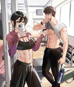 1boy 1girl abs absurdres black_hair black_pantyhose black_sports_bra bottle breasts brown_hair brown_hoodie cleavage clothes_lift cow dumbbell eren_yeager feet_out_of_frame grey_eyes gym hair_between_eyes highres holding holding_bottle holding_phone hood hood_down hoodie jumpsymphony large_breasts midriff mikasa_ackerman muscular muscular_female pantyhose pectorals phone scar scar_on_cheek scar_on_face shingeki_no_kyojin shirt shirt_lift short_hair sports_bra sweat underwear water_bottle weight_bench white_shirt wiping_face wiping_sweat rating:s score:5 post #10174720