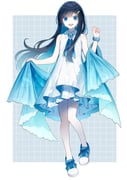 1girl :d bare_arms bare_shoulders black_hair blue_eyes blue_gemstone blue_hair blue_ribbon blue_scrunchie blue_shawl blue_shoes blunt_ends border brooch cevio collared_dress colored_inner_hair dress full_body futaba_minato gem grey_background grid_background hair_ornament hairclip hand_up high-low_dress highres hitoba holding_shawl jewelry knees_apart_feet_together long_hair looking_at_viewer multicolored_hair neck_ribbon official_art outside_border pantyhose pigeon-toed ribbon sample_watermark scrunchie shawl shoes short_dress sleeveless sleeveless_dress smile sneakers solo standing straight-on swept_bangs tent_dress watermark white_border white_dress white_pantyhose wrist_scrunchie rating:g score:4 post #10149229