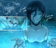 1boy 1girl absurdres black_hair blue_eyes blue_theme breasts chainsaw_man closed_mouth denji_(chainsaw_man) english_commentary english_text grey_hair highres kirtome partially_submerged pool reze_(chainsaw_man) small_breasts smile rating:s score:0 post #10175925
