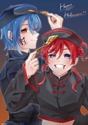 2girls absurdres black_hat black_shirt blue_background blue_eyes blue_hair chinese_clothes closed_mouth commentary crop_top cropped_shirt fake_blood gradient_background grin hair_between_eyes hair_bun hat highres jiangshi_costume long_sleeves looking_at_viewer love_live! love_live!_superstar!! midriff multiple_girls navel ofuda orange_background orange_eyes profile qingdai_guanmao red_hair shirt short_hair short_hair_with_long_locks single_side_bun smile symbol-only_commentary two-tone_background uneven_eyes wakana_shiki wotaku_jinsei_enjoy_ikioi yoneme_mei rating:g score:0 post #10175961