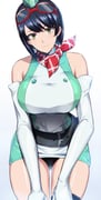 1girl bare_shoulders belt black_hair black_panties black_thighhighs breasts digimon digimon_story:_time_stranger dress garrison_cap goggles goggles_on_head green_dress green_hat hat highres kumakichi_(cost-lost) large_breasts looking_at_viewer panties pantyshot red_scarf scarf short_dress short_hair single_thighhigh smile solo thighhighs two-tone_dress underwear white_dress yellow_eyes yuuki_kanan rating:s score:18 post #10165684