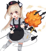 +_+ 1girl absurdres apron bandaged_horn black_apron black_hat black_horns blonde_hair blush chicken_(food) demon_tail fang food fried_chicken grey_shirt grey_thighhighs hat heart heart_print highres holding holding_polearm holding_weapon horns long_hair looking_at_viewer mosuroshyu natori_sana natori_sana_(devil_natori) notice_lines nurse_cap open_mouth polearm red_eyes sana_channel shirt skin_fang solo sweatdrop tail teeth thighhighs trident virtual_youtuber weapon white_background rating:g score:0 post #10159793