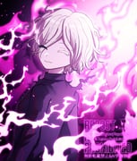 1boy ^_^ black_jacket closed_eyes colored_eyelashes commentary_request eyes_visible_through_hair facing_viewer fire from_behind glowing_veins hair_over_one_eye jacket looking_back male_focus mikao_(eanv5385) mismatched_eyelashes pink_fire school_uniform shion_(hundred_line) short_hair smile the_hundred_line_-last_defense_academy- upper_body watermark white_hair rating:g score:0 post #10148029