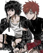 2boys 7rorzr black_boots black_eyes black_hair black_nails black_shirt black_skirt black_sleeves boots closed_mouth cross cross_necklace crossdressing crossdressing_(mtf) death_note earrings face_piercing fishnet_pantyhose fishnets gaara_(naruto) goth_fashion grey_eyes hair_between_eyes headphones highres jewelry l_(death_note) lip_piercing male_focus multiple_boys multiple_earrings multiple_rings nail_polish naruto_(series) necklace no_eyebrows open_mouth pantyhose piercing plaid_clothes plaid_skirt punk red_hair ring scar scar_on_face scar_on_forehead shirt short_hair sitting skirt white_background rating:g score:4 post #10174655