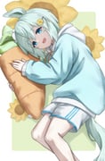 1girl absurdres animal_ears blue_eyes blue_hoodie blue_trim border carrot-shaped_pillow casual commentary drawstring ear_covers ear_scrunchie feet_out_of_frame flower flower_hairpin from_side green_background green_hair hair_between_eyes hands_up highres holding holding_pillow hood hood_down hoodie horse_ears horse_girl horse_tail long_sleeves looking_at_viewer open_mouth outside_border pillow scrunchie seiun_sky_(umamusume) short_hair shorts single_ear_cover solo sunflower tail umamusume utd_(ponzu_supai) white_border white_scrunchie white_shorts rating:g score:0 post #10176955