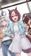 3girls ahoge animal_ears aqua_jacket belt blue_eyes bow braid brown_belt brown_coat brown_hair brown_hairband casual coat collarbone commentary cowboy_shot crossed_arms denim dress dutch_angle ear_bow ear_ornament ears_down french_commentary glutton grey_hair hair_between_eyes hair_over_one_eye hairband half_up_braid hand_on_own_hip highres horse_ears horse_girl horse_tail jacket jeans jitome long_hair long_sleeves looking_at_viewer merxkialis multicolored_hair multiple_girls no_mouth official_alternate_costume oguri_cap_(casual)_(umamusume) oguri_cap_(umamusume) open_mouth outstretched_hand pants purple_bow purple_eyes rice_shower_(casual)_(umamusume) rice_shower_(umamusume) short_hair special_week_(umamusume) swept_bangs tail trait_connection two-tone_hair umamusume v-shaped_eyebrows white_dress yellow_hairband rating:g score:8 post #10168778