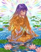 1girl absurdres bead_necklace beads blonde_hair closed_eyes flower gradient_hair grey_nagato highres hijiri_byakuren holding holding_jewelry holding_necklace japanese_clothes jewelry kimono kneeling lotus lotus_leaf monk multicolored_hair necklace palms_together purple_hair smile solo touhou two-tone_hair undefined_fantastic_object water wide_sleeves yellow_kimono rating:g score:1 post #10176668