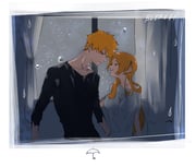 1boy 1girl arm_around_waist black_shirt bleach breasts closed_eyes commentary_request couple curtains hair_ornament half-closed_eyes hetero highres indoors inoue_orihime kurosaki_ichigo long_hair looking_at_another medium_breasts mozukurinn orange_hair parted_bangs parted_lips rain shirt short_hair smile snowflake_hair_ornament spiked_hair upper_body white_shirt window rating:s score:1 post #10169943