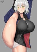 black_dress breasts dress fate/grand_order fate_(series) highres jacket jeanne_d'arc_alter_(fate) jeanne_d'arc_alter_(ver._shinjuku_1999)_(fate) large_breasts leg_lift nobunyan_(ndns8438) non-web_source panties shaking stretching sweat underwear white_panties rating:q score:0 post #10175542