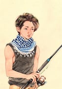 1boy 2sandpaper arm_at_side black_eyes black_shirt brown_hair closed_mouth commentary_request dated fishing_rod fringe_trim highres holding holding_fishing_rod keffiyeh lips looking_ahead male_focus nose original parted_hair shirt short_hair signature simple_background sleeveless sleeveless_shirt solo traditional_media upper_body yellow_background rating:g score:1 post #9960438