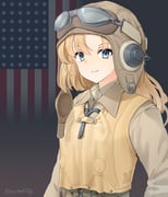 1girl absurdres american_flag american_flag_background artist_name battle_of_midway belt blonde_hair blue_eyes brown_hat brown_jacket brown_shirt closed_mouth commentary flag_background flight_suit goggles goggles_on_headwear green_belt hat helmet highres historical_american_flag jacket leochan1202 life_vest long_hair looking_at_viewer military military_uniform original pilot pilot_helmet shirt smile solo united_states_navy upper_body world_war_ii rating:g score:10 post #9531168