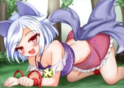 1girl all_fours animal_ears anklet bear_trap breasts cleavage clenched_hands commentary crop_top downblouse fang feet_out_of_frame grass highres jewelry kasoka_soka looking_at_viewer midriff mitsugashira_enoko multiple_tails necklace nipple_slip nipples off-shoulder_shirt off_shoulder open_mouth outdoors paw_pose pink_skirt pleated_skirt purple_shirt red_eyes red_wrist_cuffs shirt short_hair skin_fang skirt sky sleeveless sleeveless_shirt smile solo swept_bangs tail touhou tree white_hair white_sky wolf_ears wolf_girl wolf_tail wrist_cuffs rating:q score:8 post #10174255