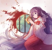 1girl absurdly_long_hair bow bowtie cd_case commentary_request detached_sleeves dolls_in_pseudo_paradise fire foliage hair_bow highres holding label_girl_(dipp) long_hair long_skirt long_sleeves no_headwear orange_background pink_petals purple_eyes purple_hair red_bow red_bowtie red_skirt round_window shirt side_ponytail skirt smile solo touhou very_long_hair white_bow white_shirt window ze._(user_upyh7534) rating:g score:8 post #9960021