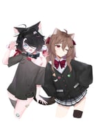 2girls absurdres ahoge animal_collar animal_ears badge bandaid bandaid_on_leg black_cardigan black_collar black_hair black_shirt black_skirt black_thighhighs blue_eyes bow bowtie broken_heart broken_heart_hair_ornament brown_hair button_badge cardigan cat_ears cat_girl cat_tail claw_pose closed_mouth collar commentary cropped_legs dress_shirt english_commentary evil_neuro-sama fang from_side grey_thighhighs hair_between_eyes hair_ornament hair_over_one_eye hairclip heart highres indie_virtual_youtuber long_hair long_sleeves minikomew muciduci5 multiple_girls off-shoulder_cardigan one_eye_closed open_mouth pleated_skirt red_bow red_bowtie red_eyes red_ribbon ribbon round_eyewear shirt simple_background skin_fang skirt sleeves_past_fingers sleeves_past_wrists tail thighhighs two_side_up vedal_ai virtual_youtuber white_background white_shirt rating:s score:4 post #10175154