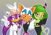 3girls :d alien animal_ears animal_nose aqua_eyes aqua_eyeshadow arm_up artist_name bandana bandeau bat_ears bat_girl bat_tail beak bird_girl bird_tail blue_eyes breasts cleavage closed_mouth colored_sclera colored_skin commentary crop_top dark-skinned_female dark_skin elbow_gloves english_commentary eyeshadow eyewear_on_head fang fingernails flipped_hair furry furry_female gloves gradient_background green_hair half-closed_eyes happy heart horns long_hair looking_at_viewer makeup midriff multiple_girls open_mouth pants purple_hair risziarts rouge_the_bat sharp_fingernails short_hair simple_background single_horn smile sonic_(series) sonic_lost_world sonic_riders_(series) standing striped_horns tail tinted_eyewear tongue v very_long_hair wave_the_swallow white_gloves white_hair white_pants yellow_eyeshadow yellow_lips yellow_sclera zeena rating:s score:17 post #8630777