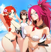 3girls ahoge armpits arms_up beach bikini black_one-piece_swimsuit black_sailor_collar blue_eyes blue_sky boudica_(fate) braid braided_ponytail breasts brown_hair cleavage commentary_request detached_collar detached_sleeves diving_mask earrings fate/grand_order fate_(series) flower francis_drake_(fate) goggles green_eyes grin hair_between_eyes hair_flower hair_ornament highleg highleg_one-piece_swimsuit highres hoop_earrings jewelry large_breasts long_hair looking_at_viewer minami_koyogi multiple_girls navel neckerchief one-piece_swimsuit parted_bangs pink_hair ponytail purple_eyes red_hair sailor_collar scar scar_on_face shell shell_bikini shore sky smile snorkel striped_bikini striped_clothes swimsuit thighs two-tone_one-piece_swimsuit white_bikini white_one-piece_swimsuit xuangzang_sanzang_(fate) rating:s score:48 post #9847197