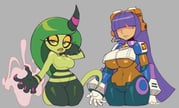 2girls android armor aura black_skin blue_armor blue_eyes blunt_bangs breasts caliginousarts chest_jewel claws colored_sclera colored_skin covered_navel curvy dark-skinned_female dark_skin expressionless fingernails green_hair green_skin hair_over_eyes half-closed_eyes hand_on_own_cheek hand_on_own_face hand_up headset highres hime_cut horns joints large_breasts layer_(mega_man) lizard_tail long_eyelashes long_fingernails long_hair looking_at_viewer mega_man_(series) mega_man_x_(series) mole mole_on_cheek mole_under_eye multicolored_skin multiple_girls nail_polish open_hand orange_lips pear-shaped_figure pink_horns pink_nails powering_up purple_hair robot_ears robot_girl robot_joints sharp_fingernails single_horn sonic_(series) sonic_lost_world striped_horns tail thick_thighs thighs unamused underboob white_armor wide_hips yellow_sclera zeena rating:s score:17 post #8916594