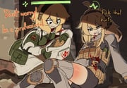 2girls absurdres ahoge bag bandaid black_shorts blonde_hair blood blood_from_mouth blood_on_clothes blue_eyes borrowed_character breasts bulletproof_vest centurii-chan centurii-chan_(character) clenched_teeth combat_medic combat_shirt commentary english_commentary english_text gaiters gloves green_gloves hair_between_eyes headset health_bar highres holding holding_bag indie_virtual_youtuber knee_pads large_breasts load_bearing_vest long_hair multiple_girls open_mouth original red_eyes short_hair shorts spqr_(emblem) tactical_clothes teeth thighhigh_gaiters thighhighs virtual_youtuber walkie-talkie whiskey_project rating:s score:30 post #10132742