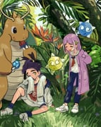 1boy 1girl arms_behind_back assassinookayu berry_(pokemon) black_hair blush closed_eyes day dragonite eating food food_on_face forest grass highres holding jacket kieran_(pokemon) lacey_(pokemon) leaf long_sleeves minior minior_(blue_core) minior_(core) minior_(yellow_core) mole mole_on_neck nature one_eye_closed open_clothes open_jacket open_mouth outdoors pants pokemon pokemon_(creature) pokemon_sv purple_hair shirt shoes shorts sitting standing towel towel_around_neck tree white_shoes yellow_eyes rating:g score:2 post #10175697