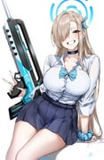 1girl absurdres assault_rifle asuna_(blue_archive) asuna_(school_uniform)_(blue_archive) blonde_hair blue_archive blue_bow blue_bowtie blue_eyes blue_halo blue_skirt blush bow bowtie breasts bullpup choker collarbone famas grin gun hair_over_one_eye halo highres holding holding_gun holding_weapon large_breasts long_hair looking_at_viewer pleated_skirt rifle scrunchie shirt sitting skirt sleeves_rolled_up smile solo thighs tomitacchi very_long_hair weapon white_shirt wrist_scrunchie rating:s score:6 post #10175318
