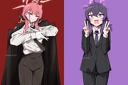 2girls :o ahoge aru_(blue_archive) black_coat black_necktie black_pants black_suit blue_archive blunt_bangs chainsaw_man coat commentary cosplay demon_horns double_v dress_shirt gloves hair_between_eyes halo haruka_(blue_archive) higashiyama_kobeni higashiyama_kobeni_(cosplay) highres horns light_smile long_sleeves looking_at_viewer makima_(chainsaw_man) makima_(chainsaw_man)_(cosplay) manli multiple_girls necktie pants pink_hair purple_background purple_hair purple_necktie red_background shirt shirt_tucked_in simple_background suit twitter_username v white_gloves white_shirt wide-eyed rating:g score:13 post #10142179