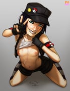 1girl abs absurdres after_fellatio armband armpits artist_name bad_id bad_pixiv_id badge bare_shoulders black_armband black_eyeliner black_gloves black_hair black_hat black_shorts black_socks black_vest blunt_bangs blush bob_cut breasts button_badge clothes_lift collarbone commentary commission cum cum_on_body cum_on_breasts cum_on_chest cum_on_clothes cum_on_stomach cum_puddle english_commentary eyeliner facial field_cap fingerless_gloves from_above full_body gloves gradient_background grey_background grey_socks grin hand_up hat hat_ornament head_tilt highres initial kasia_mikolajczyk_(silverfox442) kneehighs kneeling lifting_own_clothes light_blush looking_at_viewer looking_up loose_hair_strand makeup midriff navel nipples nose on_ground original panties panty_peek parted_lips pikachu pink_panties poke_ball pokemon ponpu_(pumpkinsinclair) red_armband shadow shirt shirt_lift short_hair short_shorts shorts sleeveless sleeveless_shirt small_breasts smile socks solo spread_legs striped_clothes striped_socks tank_top two-tone_armband underwear v vest white_tank_top wide_spread_legs rating:e score:5 post #10155756