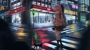 1girl absurdres black_shoes black_socks blue_eyes bocchi_the_rock! cat chinese_commentary closed_mouth commentary_request crosswalk full_body gotoh_hitori guitar_case highres holding holding_umbrella instrument_case jacket light_smile loafers long_hair long_sleeves miniskirt night outdoors pink_hair pink_jacket pleated_skirt power_lines rain road road_sign shoes sign skirt socks solo straight_hair street tbyjpg track_jacket traffic_light transparent transparent_umbrella umbrella urban utility_pole walking rating:g score:1 post #10175074