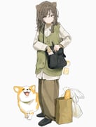 1girl animal_charm animal_ears bag bag_charm baggy_pants baguette black_bag black_shoes blush bread brown_eyes brown_hair brown_pants brown_shirt buttons cardigan cardigan_vest charm_(object) closed_mouth collared_shirt commentary dog dog_ears dog_girl dot_mouth dot_nose food from_side full_body green_cardigan hair_between_eyes handbag highres layered_sleeves long_hair long_sleeves looking_at_viewer looking_to_the_side original pan-chan_(takaya_riku) pants paper_bag plastic_bag raised_eyebrows shirt shoes shopping_bag shoulder_bag sidelocks simple_background sleeves_past_wrists solo standing symbol-only_commentary takaya_riku turning_head welsh_corgi white_background white_shirt rating:g score:8 post #10102577