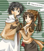 1boy 1girl 2000s_(style) akiiyuuri black_hair blush bra brown_capelet brown_eyes brown_gloves brown_hair brown_headscarf brown_jacket cape capelet closed_mouth commentary_request copyright_name cowboy_shot gloves green_background grey_eyes headscarf high_ponytail holding_hands jacket long_hair long_sleeves looking_at_viewer mage_(ragnarok_online) open_mouth ponytail ragnarok_online short_hair shrug_(clothing) smile striped_background thief_(ragnarok_online) underwear white_bra white_cape rating:s score:0 post #10175748