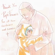 1boy 1girl an_dres_art blue_eyes blue_hair cassock christianity closed_eyes commentary cross cross_necklace crying english_commentary english_text highres hug jewelry jubilee_2025 long_sleeves luce_(jubilee_2025) necklace old old_man pope pope_francis raincoat real_life robe sad short_hair smile white_hair white_robe zucchetto rating:g score:56 post #9194637