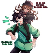 1boy 1girl absurdres annoyed asymmetrical_legwear black_cardigan black_hair black_hat black_pants black_shoes black_socks black_thighhighs blank_eyes bow bowtie broken_heart broken_heart_hair_ornament brown_hair bucket_hat cardigan carrying collared_shirt commentary dress_shirt english_commentary english_text evil_neuro-sama fanny_pack grabbing_another's_hair green_sweater grin hat heart highres holding_another's_hair long_hair long_sleeves open_mouth pants personification pigagooo red_bow red_bowtie red_eyes shirt shoes short_hair shoulder_carry simple_background single_sock single_thighhigh smile socks sweater thighhighs turtleneck turtleneck_sweater uneven_legwear upper_body vedal987 vedal_ai white_background white_shirt rating:g score:2 post #10165247
