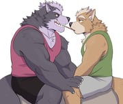 2boys absurdres animal_ears annoyed bara biceps black_shorts brown_fur closed_mouth collarbone commentary english_commentary fangs food fox_boy fox_ears fox_mccloud fox_tail furry furry_male green_tank_top grey_fur grey_shorts hand_on_another's_lap highres huey_(thegoodbyed) imminent_pocky_kiss looking_at_another male_focus multiple_boys muscular muscular_male open_mouth pectoral_cleavage pectorals pink_tank_top pocky shorts sitting smile star_fox tail tank_top white_background wolf_boy wolf_ears wolf_o'donnell wolf_tail rating:g score:2 post #9817863