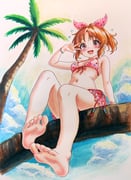 1girl abe_nana absurdres alternate_costume barefoot bikini bikini_skirt blue_sky bow bracelet breasts cloud cloudy_sky day feet frilled_bikini frills full_body hair_bow hand_up highres idolmaster idolmaster_cinderella_girls jewelry legs looking_at_viewer navel orange_hair outdoors palm_tree pink_bikini pink_bow ponytail sideboob sidelocks sitting sitting_on_branch sky small_breasts soles solmyr2000 solo swimsuit toenails toes traditional_media tree w rating:s score:5 post #10175231