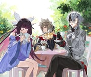 3girls absurdres angel_wings arlecchino_(genshin_impact) bare_shoulders black_bow black_dress black_eyes black_gloves black_hair black_pants black_sleeves blue_dress blue_eyes bow bowtie breasts brown_hair bush chair closed_eyes closed_mouth colored_inner_hair columbina_(genshin_impact) cup day detached_collar detached_sleeves dress earrings eye_mask feathered_wings feet_out_of_frame flower frills genshin_impact gloves gold_ring gradient_hair grey_hair grey_jacket grey_vest hair_between_eyes hair_bow hair_ornament hand_on_own_face hands_up highres hime_cut holding holding_cup holding_plate jacket jewelry lapels leaf long_hair long_sleeves looking_at_another low_ponytail mask medium_breasts multicolored_hair multiple_girls multiple_rings multiple_wings off-shoulder_dress off_shoulder official_alternate_costume on_chair open_mouth outdoors pants pink_hair plate ponytail purple_hair red_flower red_lips red_pupils ring sandrone_(genshin_impact) shirt short_hair_with_long_locks sidelocks sitting sky sleeveless sleeveless_dress smile strapless strapless_dress symbol-shaped_pupils table two-tone_hair vest white_bow white_bowtie white_gloves white_headdress white_mask white_shirt white_sky wide_sleeves wings x-shaped_pupils x_hair_ornament yang521212 yellow_bow yellow_flower rating:g score:5 post #10174673