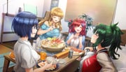4girls alcohol ayato_utae bedroom beer blonde_hair blue_eyes blue_hair blue_shirt blush bowl breasts clenched_teeth cooking_pot dolphin_wave drill_hair drill_sidelocks enoki_mushroom food game_cg green_hair green_scrunchie hair_ornament hair_scrunchie harunami_anri highres hotpot indoors jacket large_breasts letterman_jacket lobster long_hair long_skirt looking_at_another meat medium_hair mole mole_under_eye multiple_girls mushroom nabe non-web_source official_art one_side_up ootomo_takuji open_mouth ponytail portable_stove red_hair sakimiya_iruka scrunchie shiitake shirt short_hair sidelocks skirt smile sukiyaki table teeth tofu tojou_michiru vegetable white_shirt white_skirt rating:g score:8 post #9194744